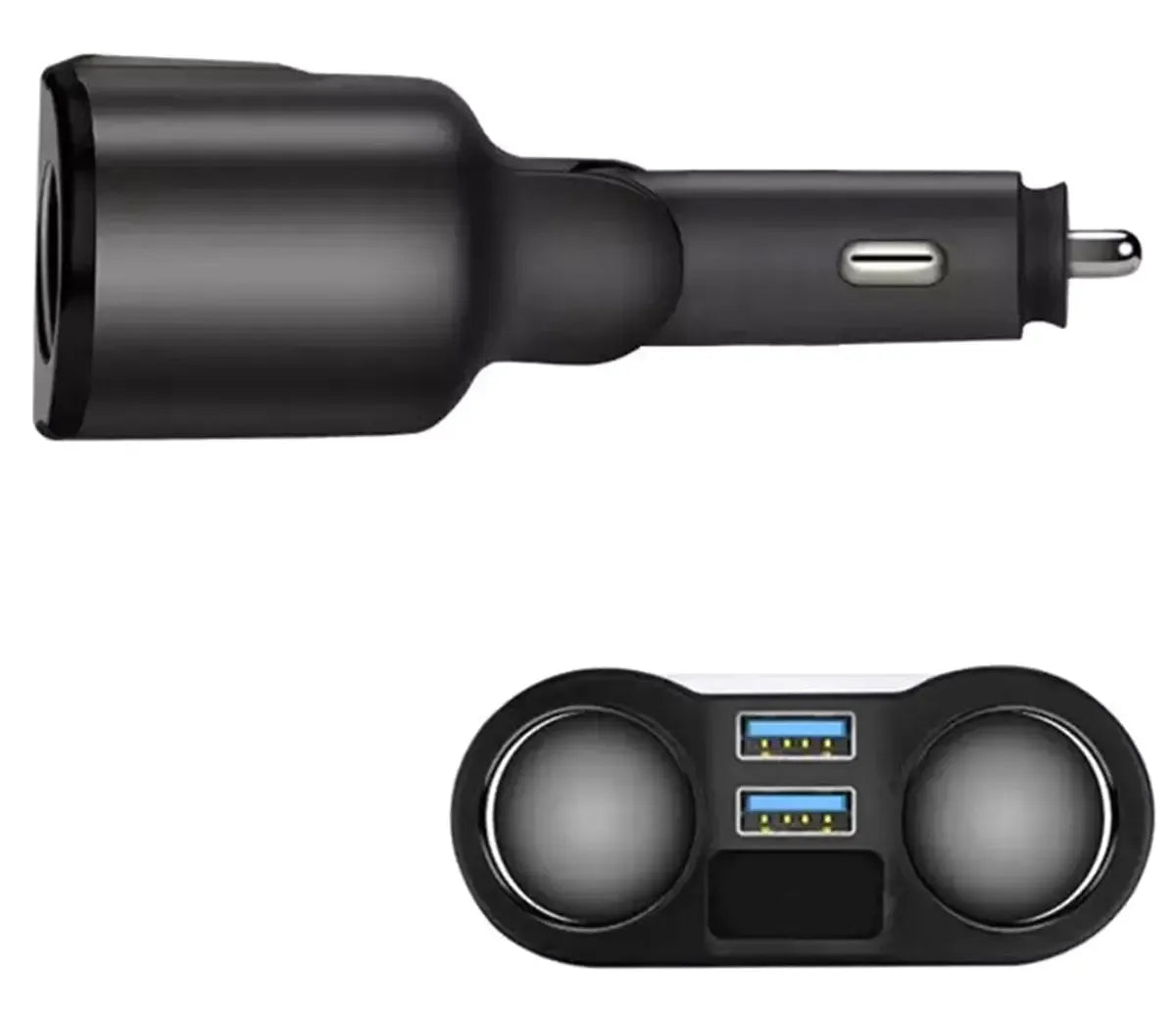 12V automobilinis cigarečių žiebtuvėlio skirstytuvas su USB lizdais ir voltmetru, juodas, su įkrovimo ir matavimo funkcijomis.