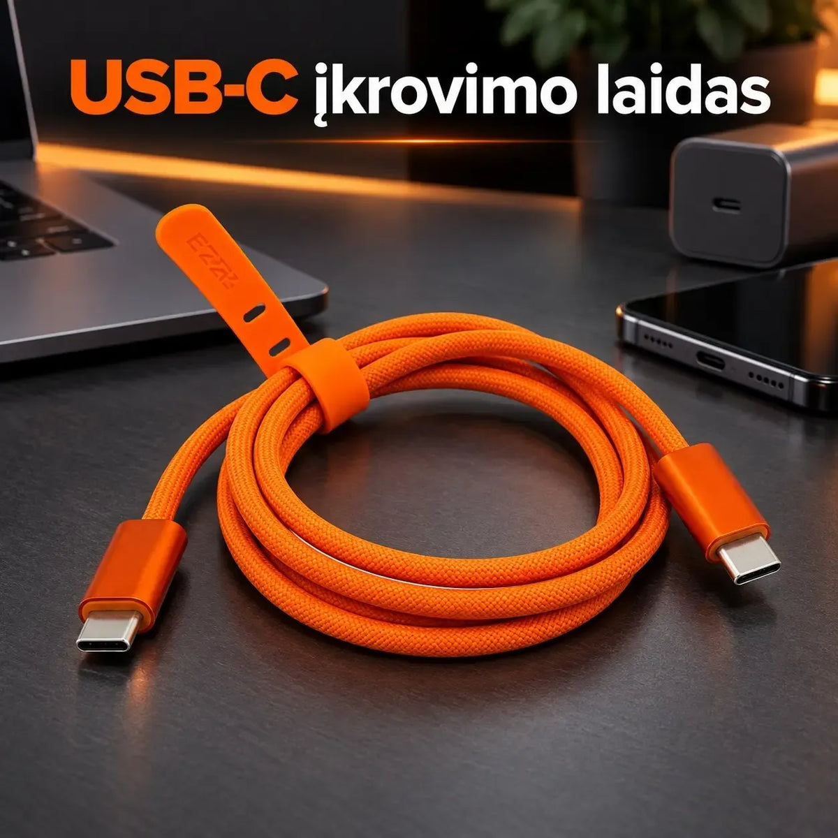2 m USB-C–USB-C greitojo įkrovimo laidas, skirtas 240 W įkrovimui, stipri ir lanksti EZRA DC356-2 kabelis