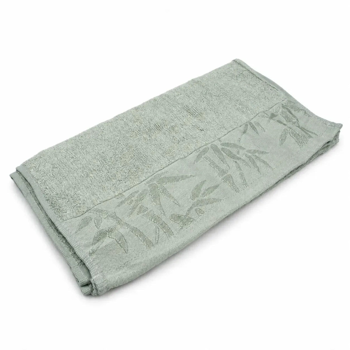 Žalios spalvos bambuko ir medvilnės rankšluostis su bambukų raštu, 34 × 74 cm, švelni ir ekologiška tekstūra.