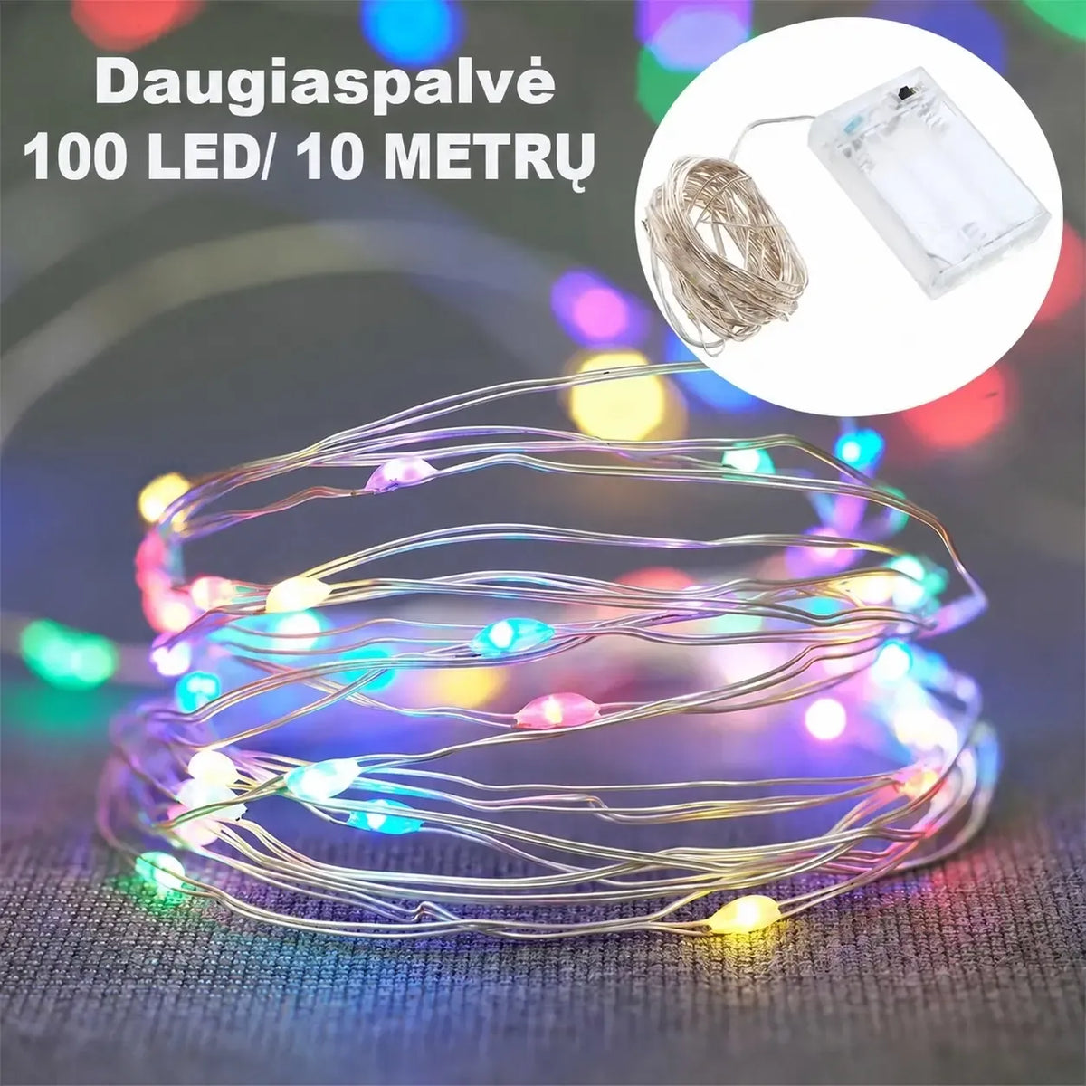 Spalvota USB LED girlianda su 100 LED šviesomis, 10 m ilgio, skirta apšvietimui ir dekoracijoms.