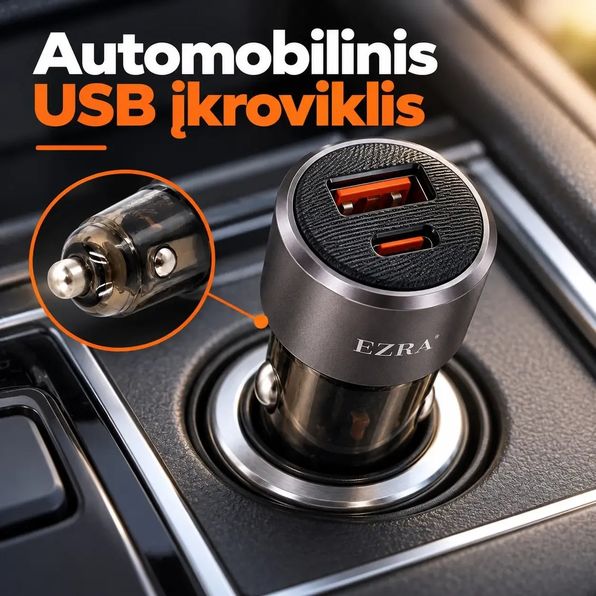 Automobilinis greitojo įkrovimo adapteris EZRA CR80, 83 W, su keliais jungčių lizdais automobiliui ir įkrovimo funkcijomis.