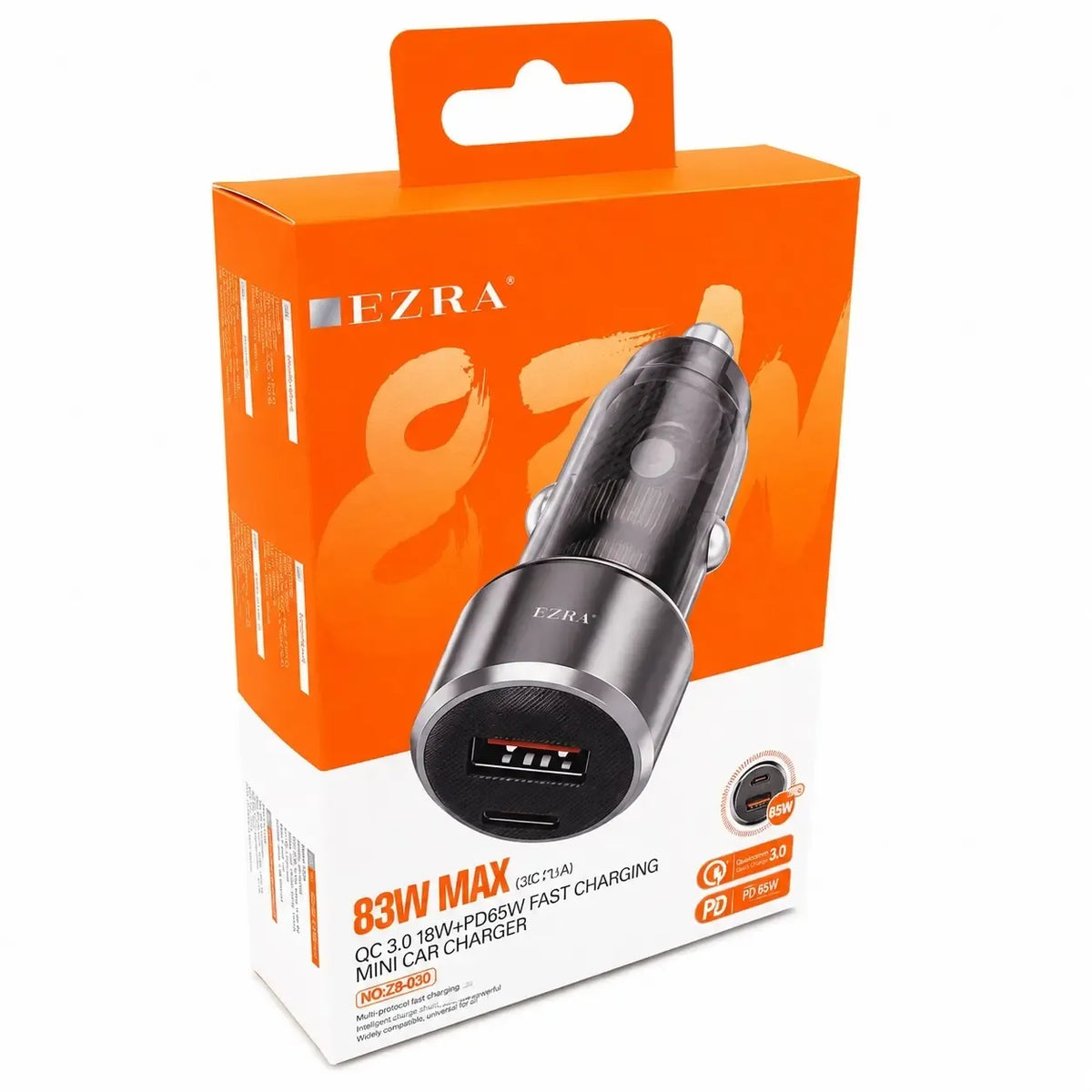Automobilinis greitojo įkrovimo adapteris EZRA CR80, 83 W, įrengtas automobilio prievadas su dėklu, skirtas greitam įkrovimui.