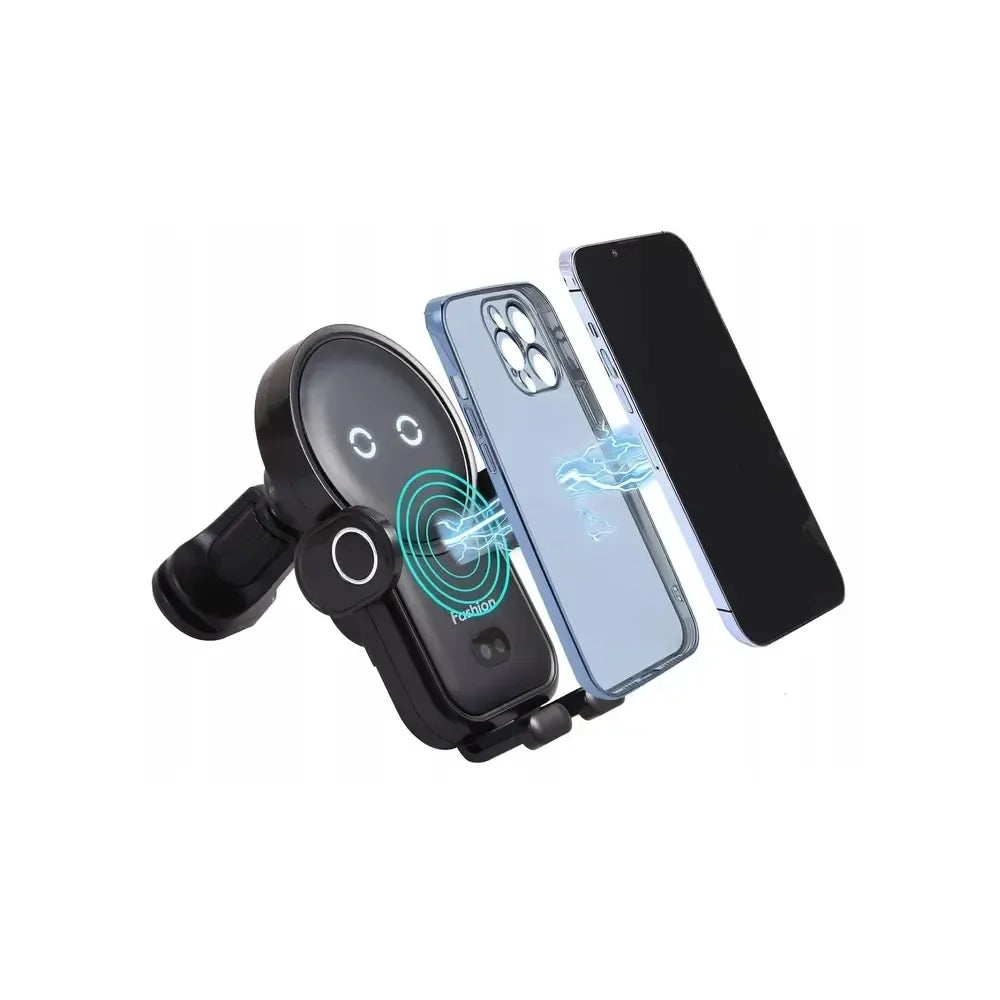Automobilinis telefono laikiklis su belaidžio įkrovimo Qi funkcija, tvirtinamas prie prietaisų skydelio, skirtas saugiam naudojimui automobilyje.