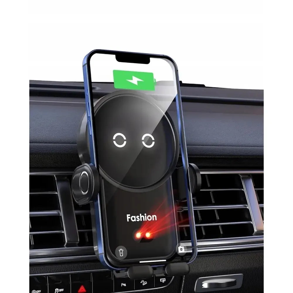 Automobilinis telefono laikiklis su belaidžio įkrovimo Qi funkcija, tvirtinamas prie automobilio oro pagalvės.