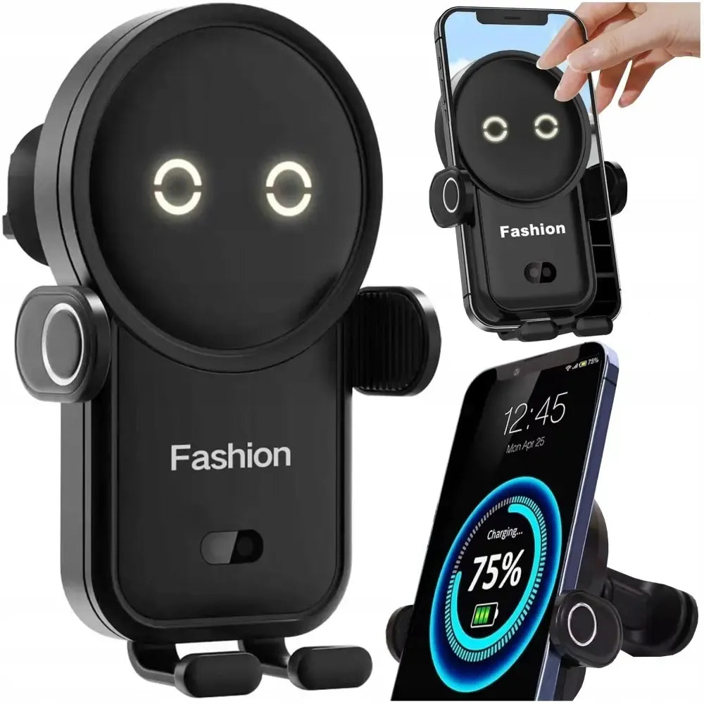 Automobilinis telefono laikiklis su belaidžiu įkrovimu Qi, tvirtinamas prie ventiliacijos angos, juodos spalvos, patogus naudoti.