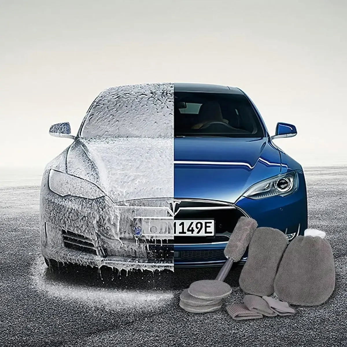 Automobilio valymo rinkinys – 9 dalių komplektas, įskaitant šepetėlius, šluostes ir valymo priemones, profesionaliai automobiliui.