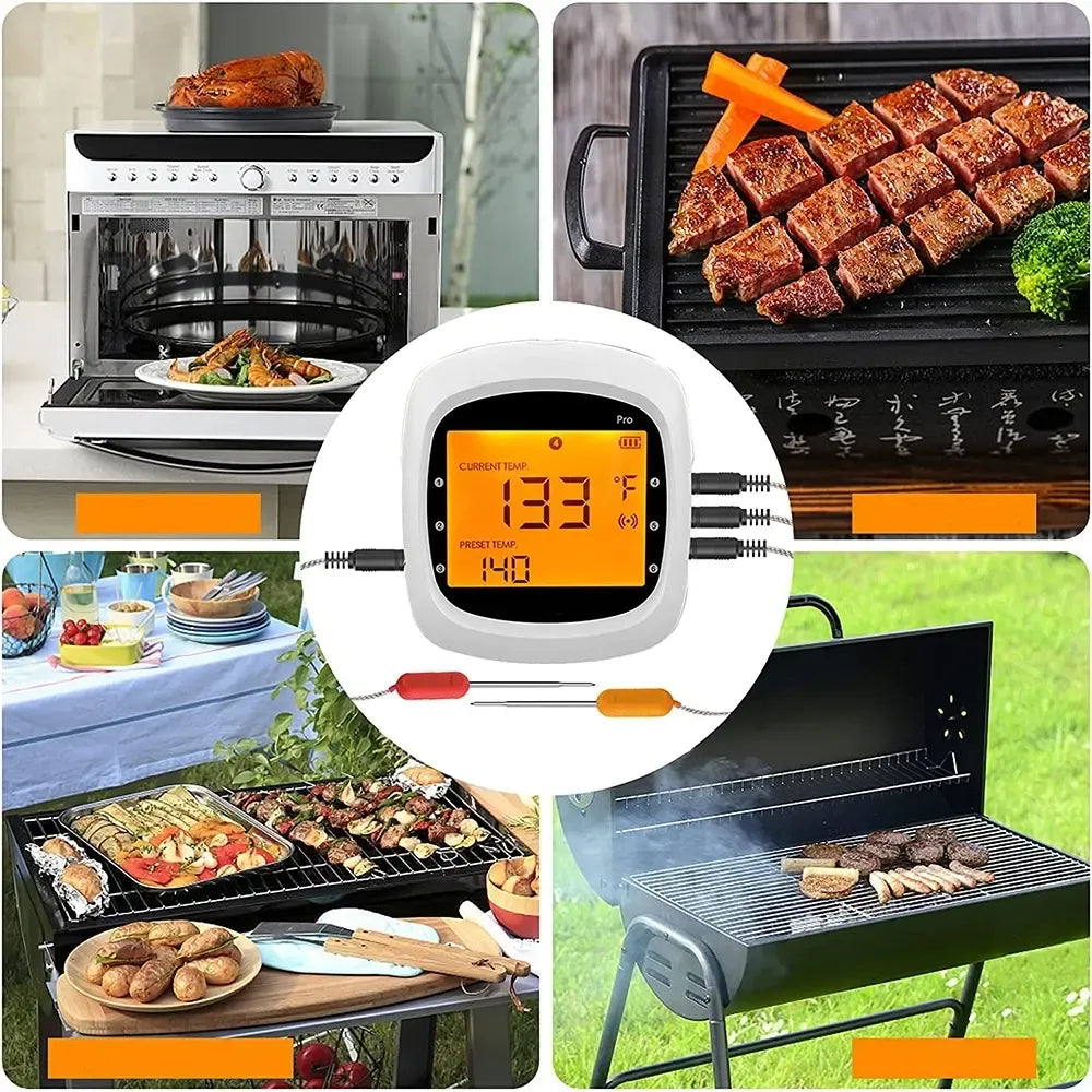 Belaidis išmanusis BBQ termometras Easy BBQ Pro, matuojantis temperatūrą kepsninėje, su juoda ir sidabrine apdaila.