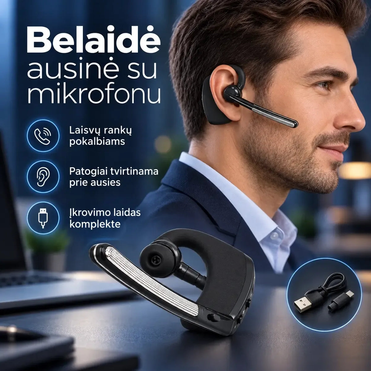 Bluetooth laisvų rankų įranga TR2481A, belaidių ausinių dizainas, patogios naudoti ir aiškus garsas.