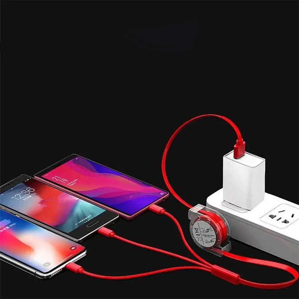 Daugiafunkcinis ištraukiamas USB laidas 3-in-1, 120 cm, su įvairių jungčių galimybėmis, matomas laido galų ir ištraukimo mechanizmas