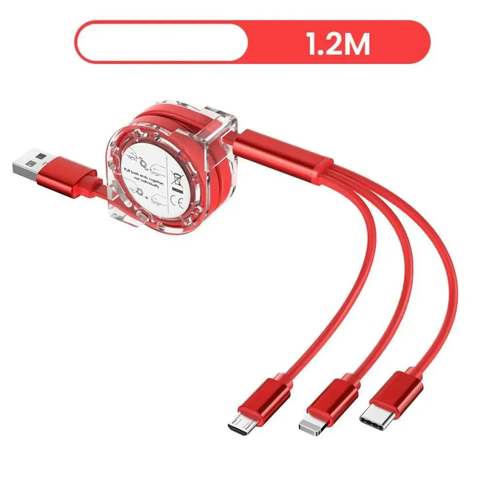 Daugiafunkcinis ištraukiamas USB laidas 3-in-1, 120 cm, juodas su sidabrinėmis jungtimis, skirtingų tipų prijungimui.