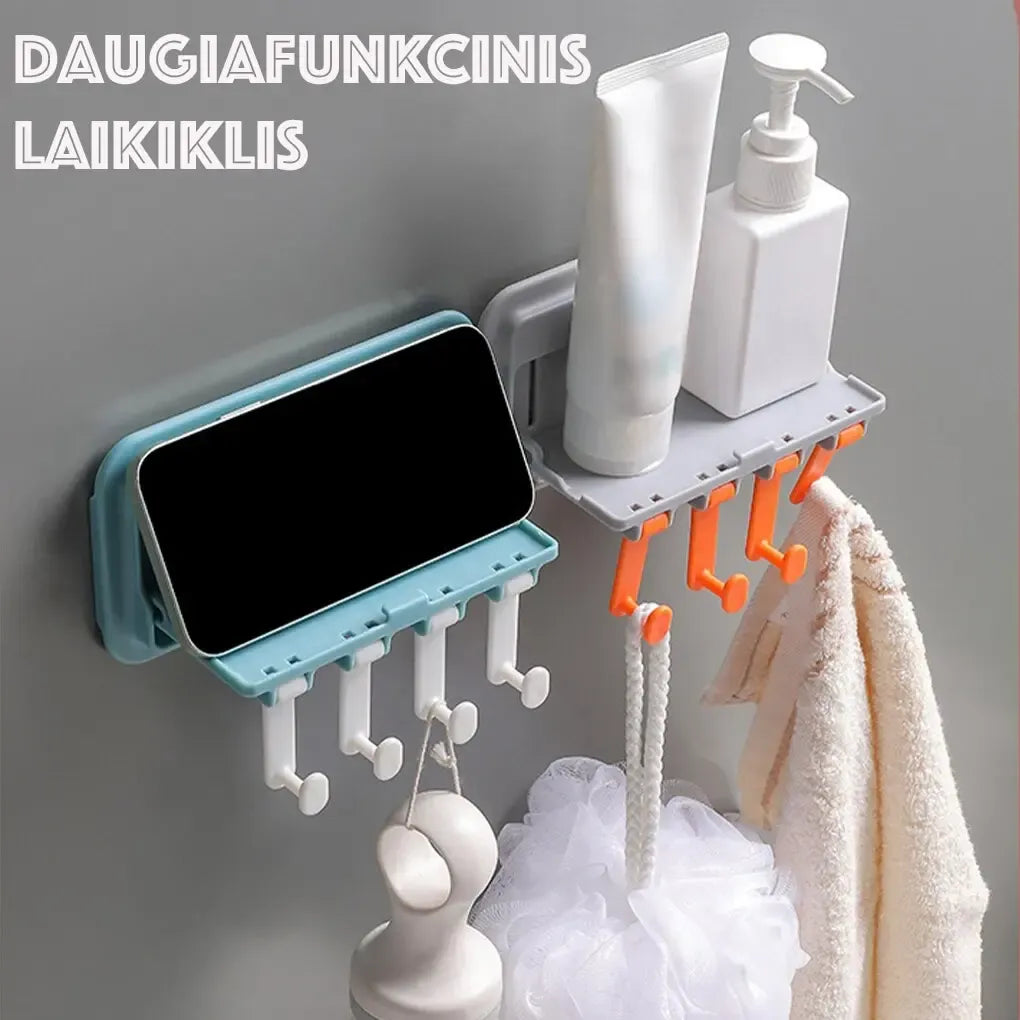 Daugiafunkcinis vonios ir virtuvės laikiklis, pagamintas iš plastiko, su keliomis skyriais ir laikikliais vonios arba virtuvės reikmenims.