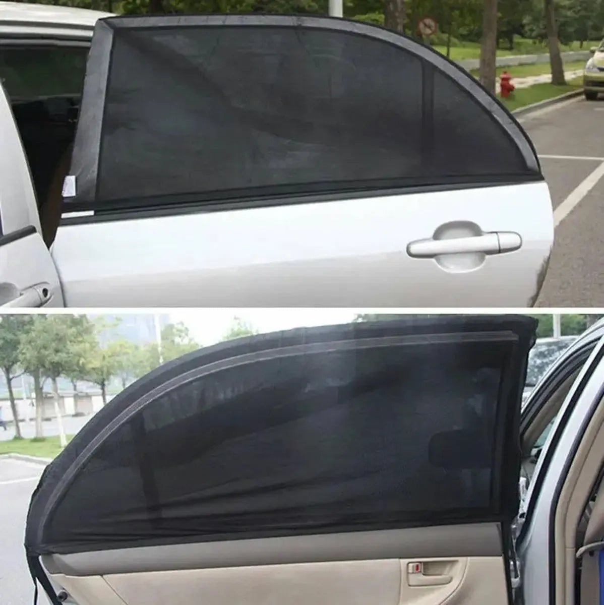 Automobiliniai tinkleliai nuo vabzdžių ir saulės, dviejų tipų universalūs tinkleliai, tinka automobiliui, matomi iš išorės.