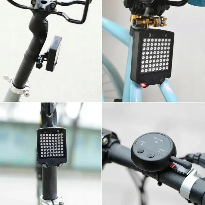 Dviračio LED žibintas su posūkių signalais ir lazeriniu atšvaitu, skirtas saugumui ir matomumui keliuose.