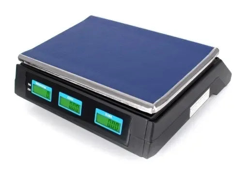 Elektroninės svarstyklės 40 kg su kainos skaičiavimo funkcija, baltas ekranas ir tvirtas korpusas, skirta tiksliai svėrimui.