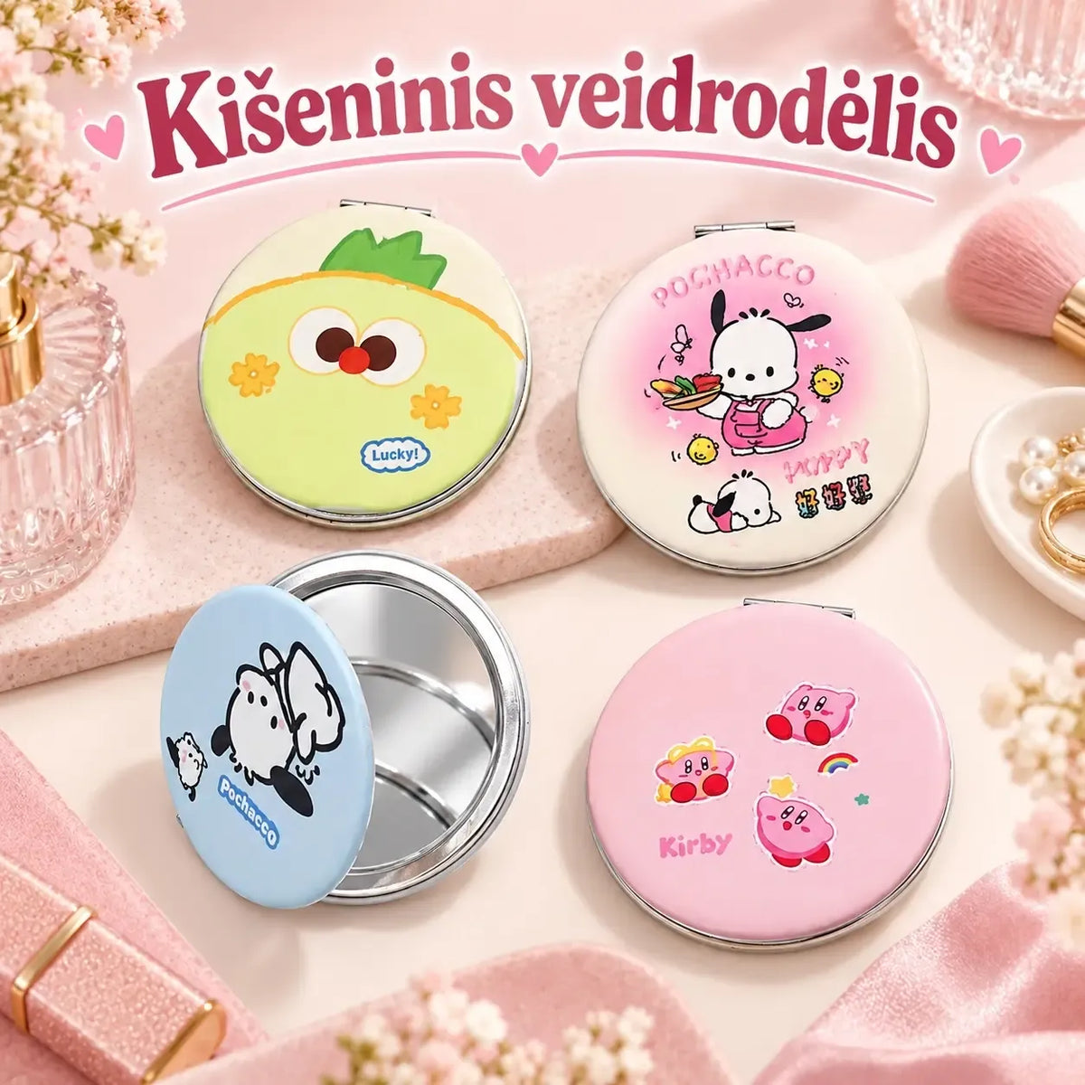 Geltonas kišeninis veidrodėlis „Didelės akys“ su aiškiomis didelėmis akių iliustracijomis, kompaktiškas ir lengvas.