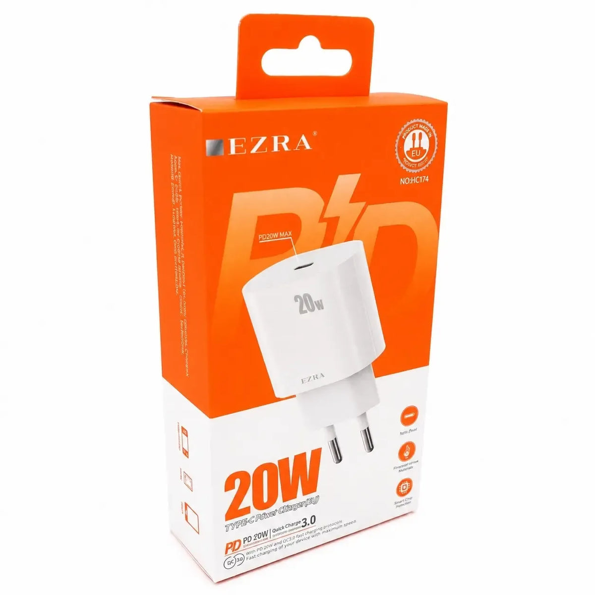 Greitojo įkrovimo adapteris EZRA HC174 20 W su USB-C, baltas, kompaktiškas ir modernus įkroviklis mobiliesiems įrenginiams.