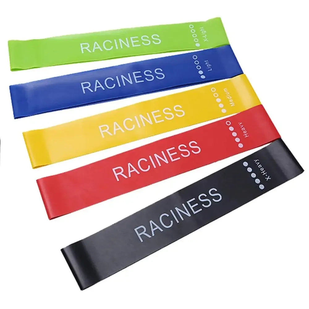 Penkių pasipriešinimo gumų rinkinys mankštai, įvairių stiprumų treniruotėms, sporto ir sveikatingumo tikslams.