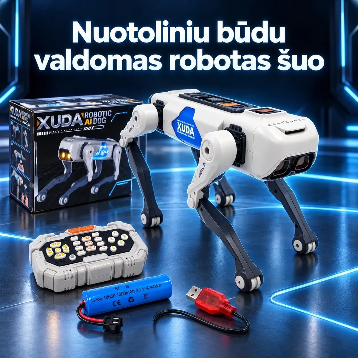 Interaktyvus šuo robotas XUDA TR2384 su judančiomis kojomis, švytinčiomis akimis ir realistiška išvaizda, vaikams žaisti.