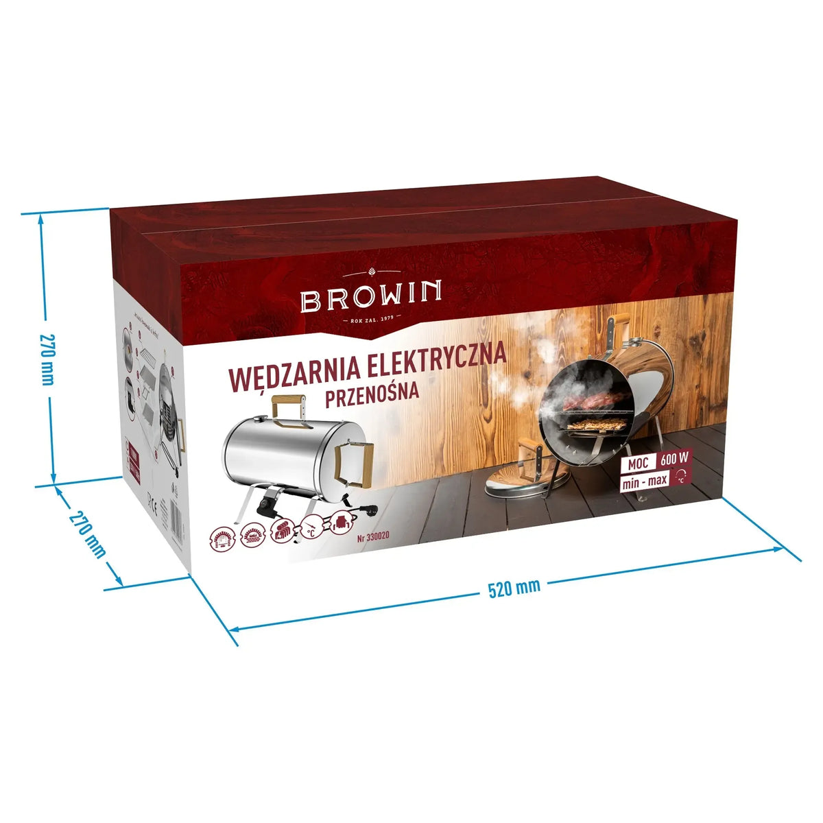Elektrinė kelioninė rūkykla 600W su rankenomis ir durimis, tinkama lauko naudojimui, kompaktiška ir patogiai nešiojama.