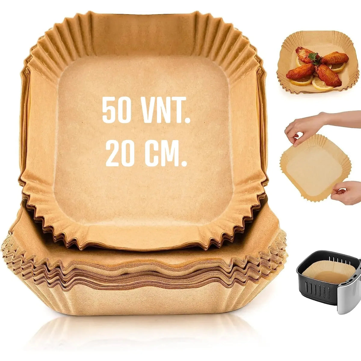 Kvadratinės kepimo popierinės formelės, 20 cm skersmens, 50 vienetų, tinkamos kepimui orkaitėje, natūralus popierius.
