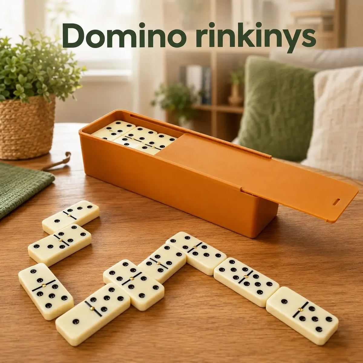 Klasikinis domino žaidimas, tradicinės balta ir juoda plytelės, žaidimo lenta ir dalyviai rankose, įrengtas žaidimo stalas.
