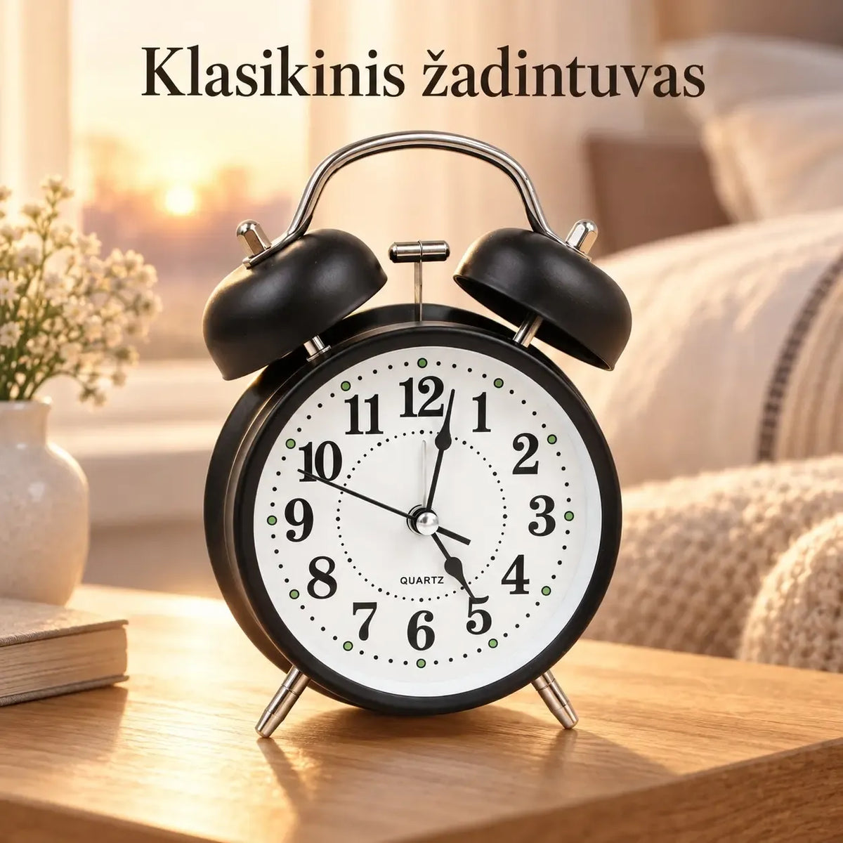 Klasikinis žadintuvas su metaliniais varpeliais TR2250, tradicinio dizaino su garsiais varpeliais ir aiškiai matomu laikrodžio ekranas