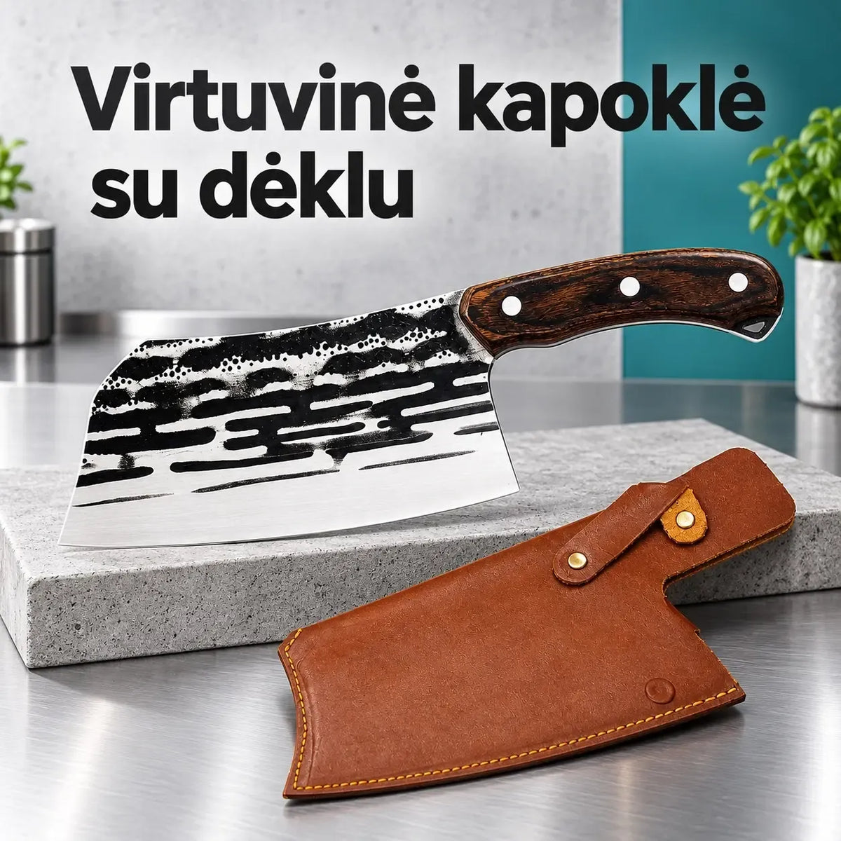 Aukštos kokybės masyvus virtuvinis kapoklės tipo peilis su mediniu rankena ir aštriu peiliu, skirtas maisto pjaustymui.