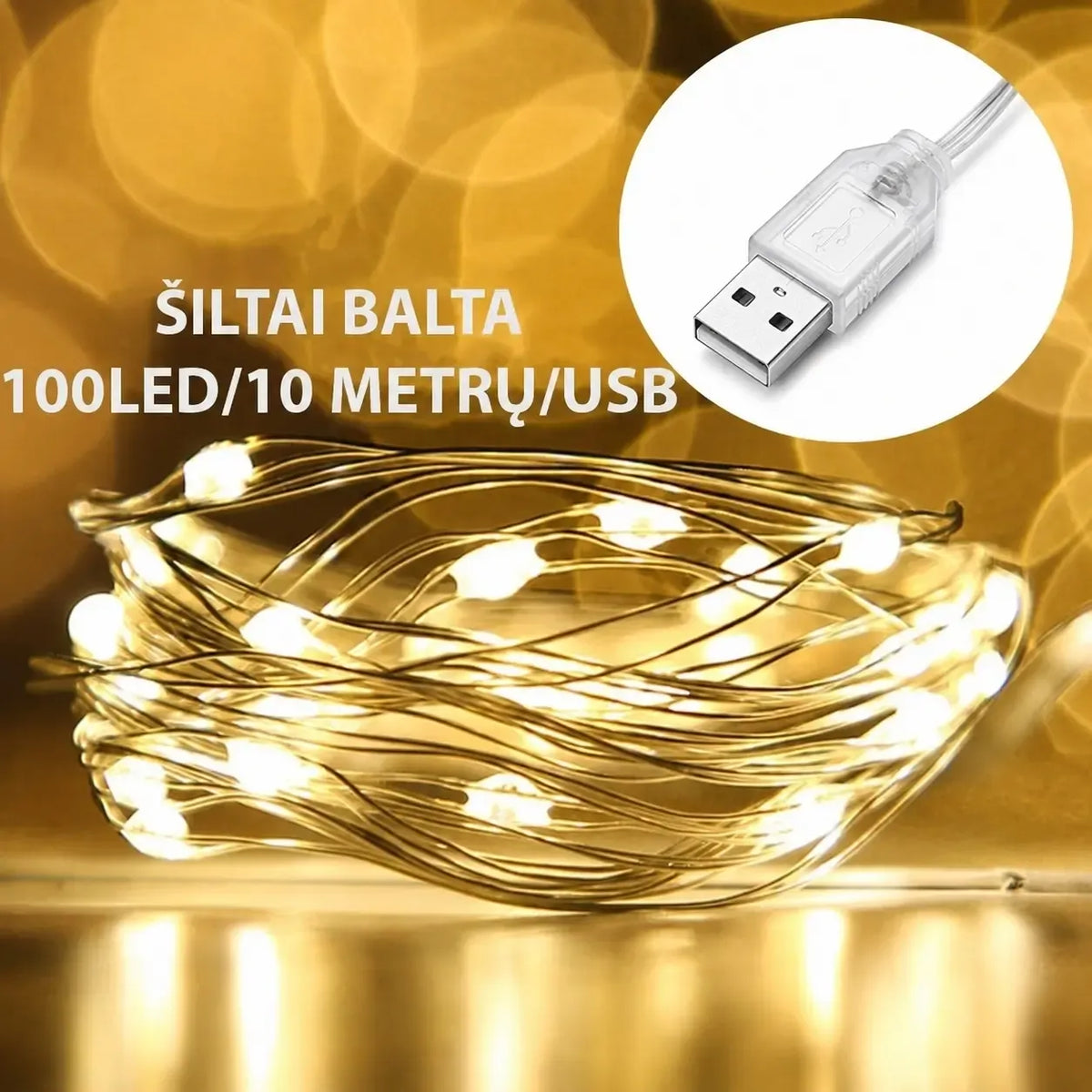 Šiltai balta LED girlianda su 100 LED žiburiais, 10 m ilgio, skirta apšvietimui, su USB jungtimi.