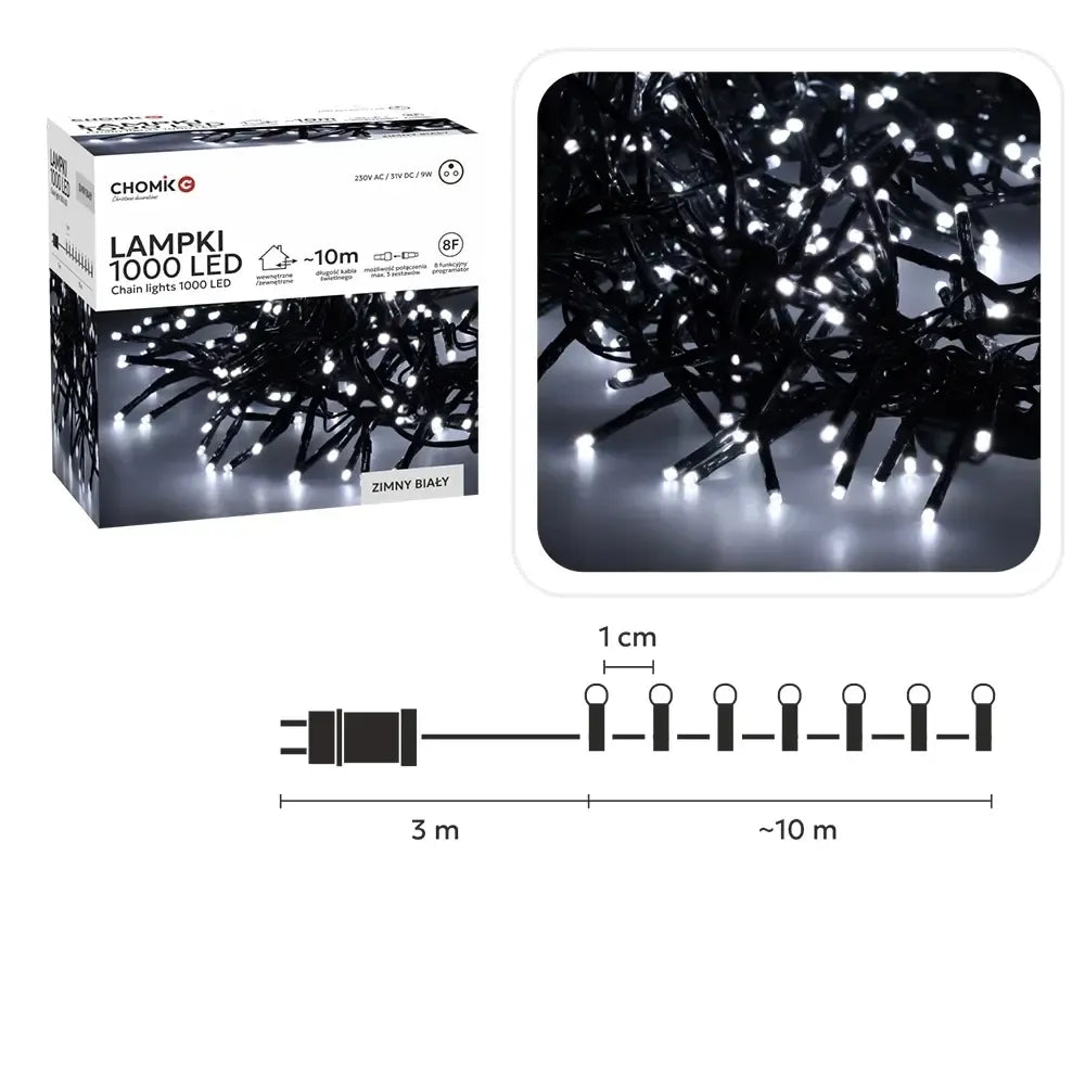 Šaltai balta LED girlianda su 1000 LED diodais, 10 metrų ilgio, puikiai apšviečia erdvę ar šventinį dekorą.