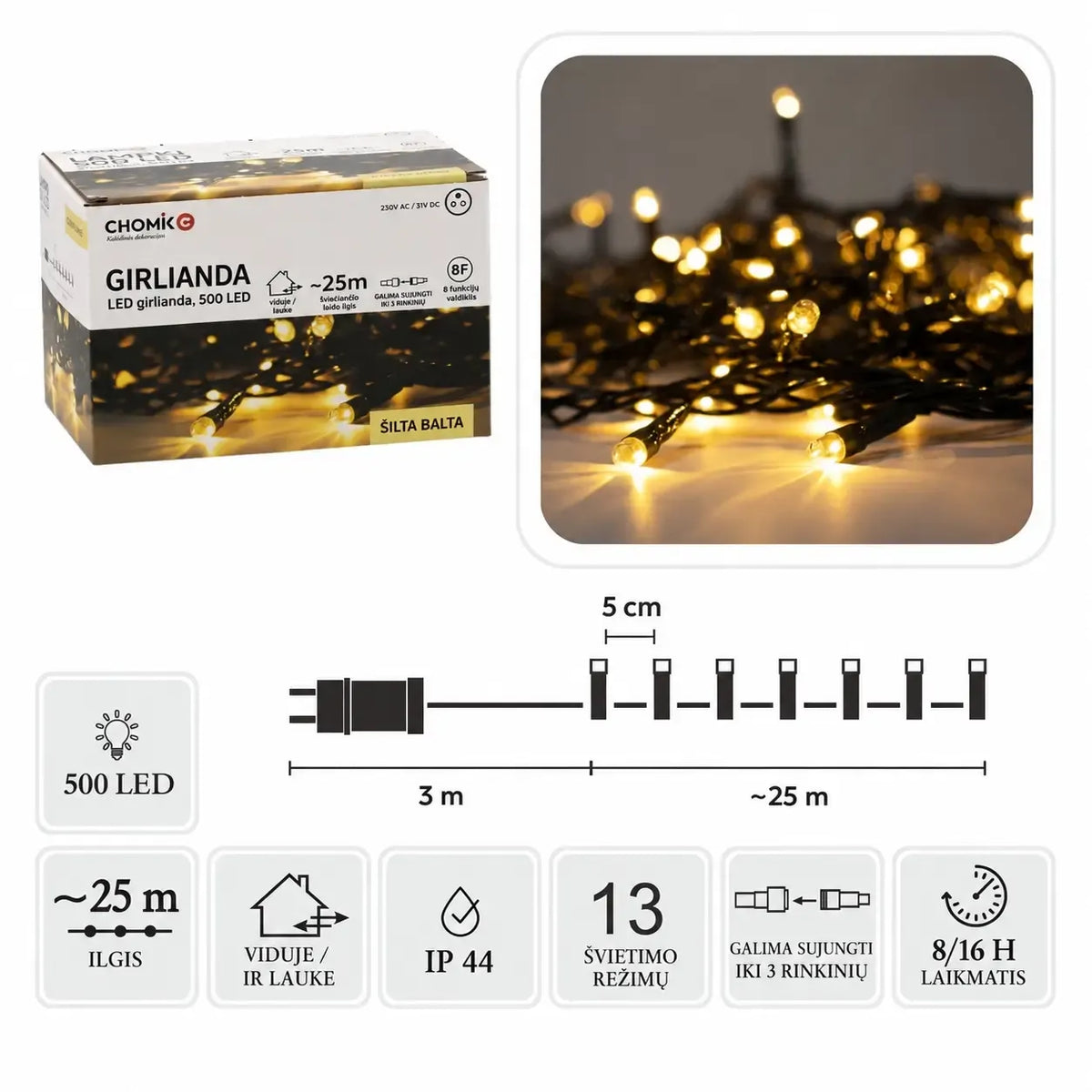 Šiltai balta LED girlianda su 500 LED, 28 metrų ilgio, dekoratyvi apšvietimo lempučių girlianda.