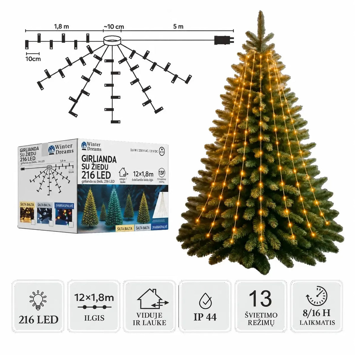 Šilta balta LED girlianda su žiedu, 12x1,8 m, 216 LED, dekoratyvus apšvietimas namams ar renginiams