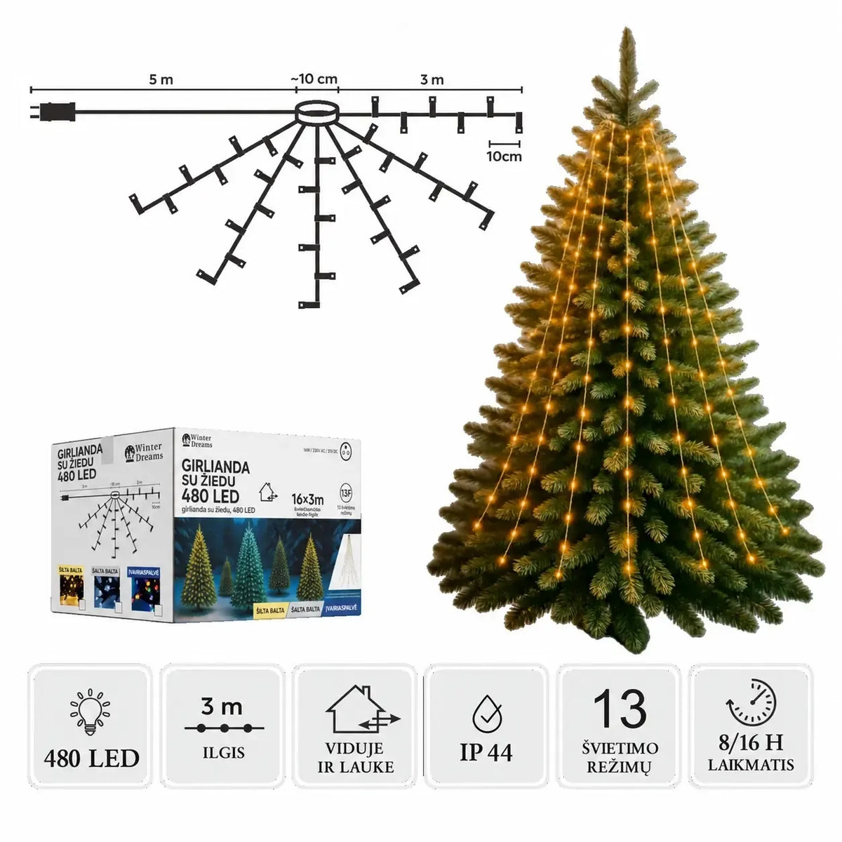 Šilta balta LED girlianda su žiedu, 3 m ilgio, 480 LED šviestuvų, dekoratyvi apšvietimo priemonė namams ir šventėms