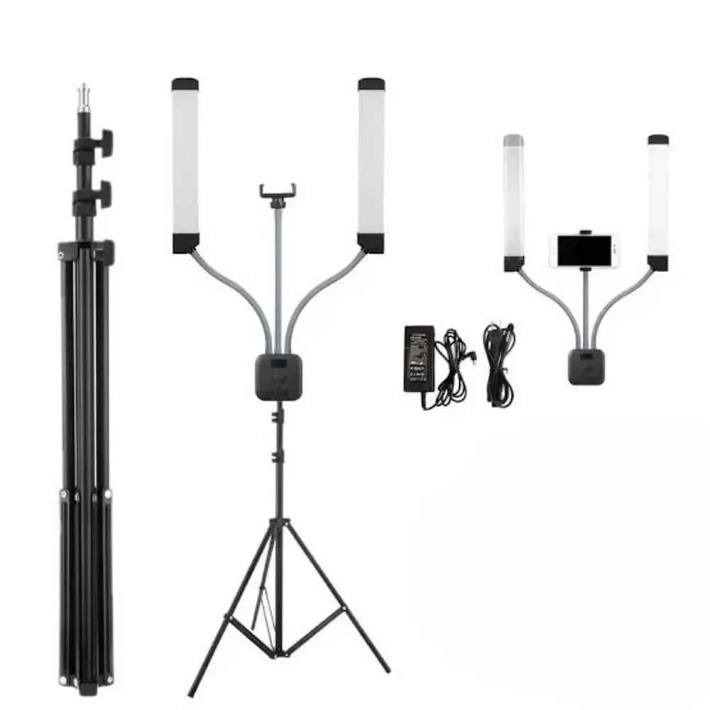 Dvigubos LED panelinės lempos HD-45X su trikoju studijiniam apšvietimui, šviesos reguliavimas ir stabilus stovas.