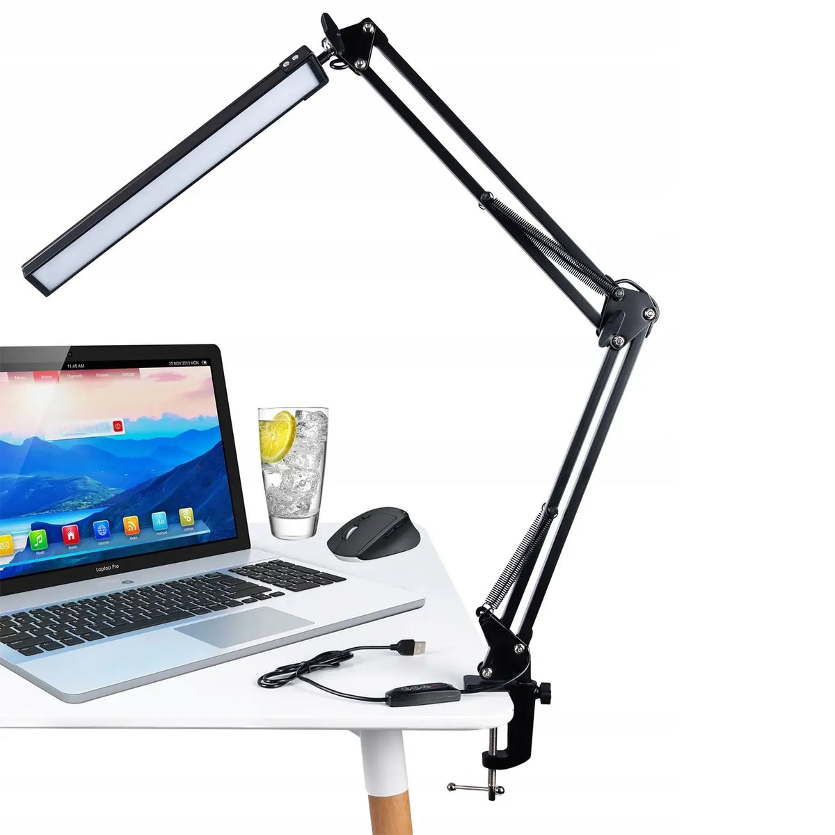 Reguliuojama LED stalinė lempa su laikikliu ir USB jungtimi, tinka darbo ar studijų apšvietimui, modernus dizainas.