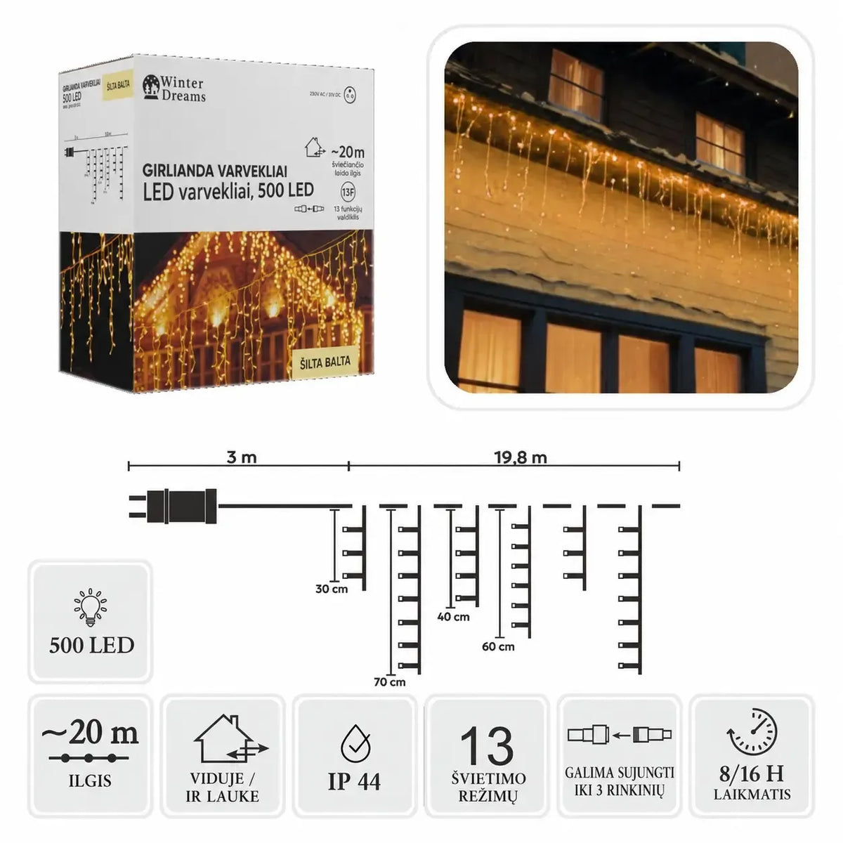 Šilta balta LED vėjaleklių užuolaida su 500 LED, 20 m ilgio, skirta apšvietimui ir dekoracijoms.