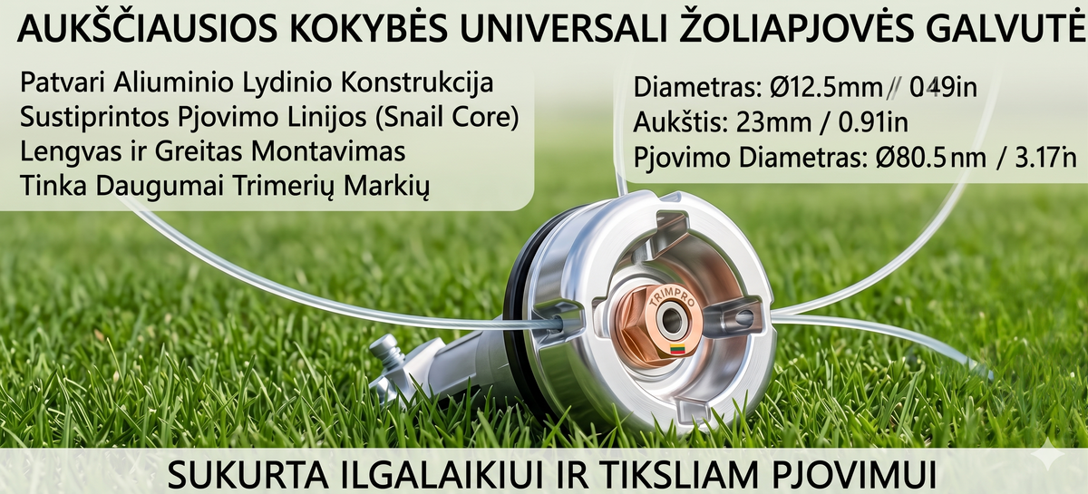 Trimerio žolės pjovimo galvutė Lektro.lt, skirta žolei ir žolynams pjauti, su smulkiais peiliais ir patvaria konstrukcija.
