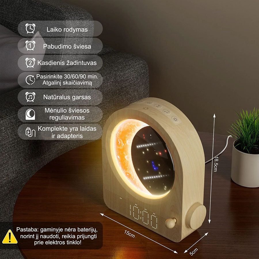 Elektrinis laikrodis-žadintuvas „Moon“ iš Lektro.lt su šviesos funkcija, modernus dizainas ir patogus naudoti.