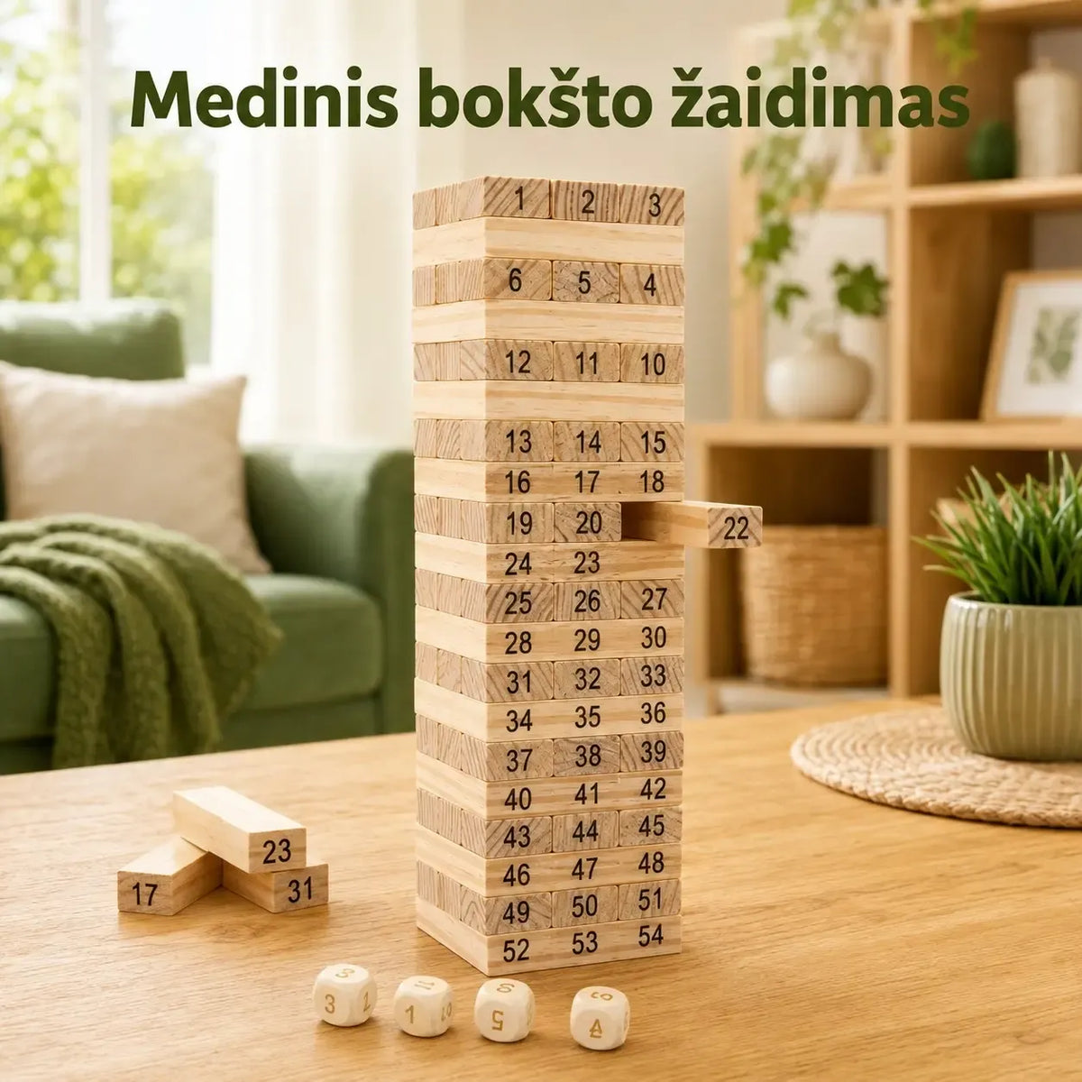 Medinis bokšto žaidimas su spalvotais blokais, skirtas vaikams lavinti rankų koordinaciją ir dėmesio koncentraciją.