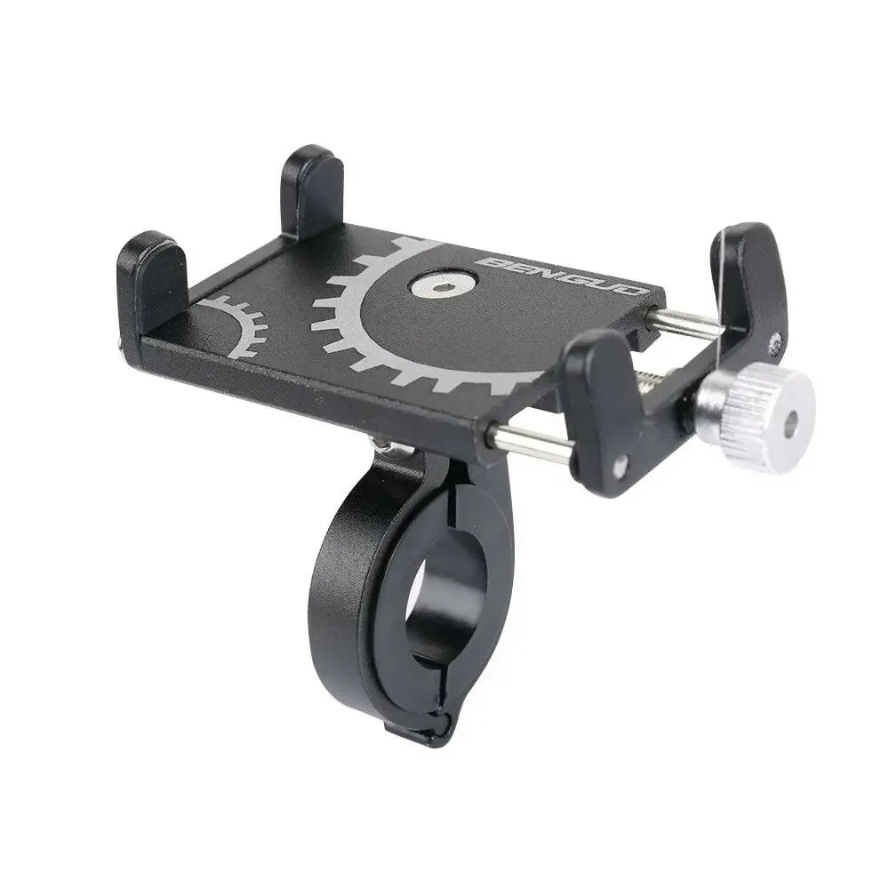 Metalinė dviračio telefono laikiklio rankena, tvirtinimo laikiklis su reguliuojamu laikikliu ir sandariu įtvirtinimu.