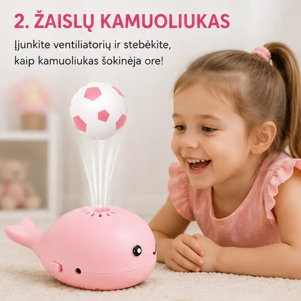 Mini ventiliatorius Banginis su rožiniu skraidančiu kamuoliuku, mažas ir žaismingas oro vėsinimo prietaisas.