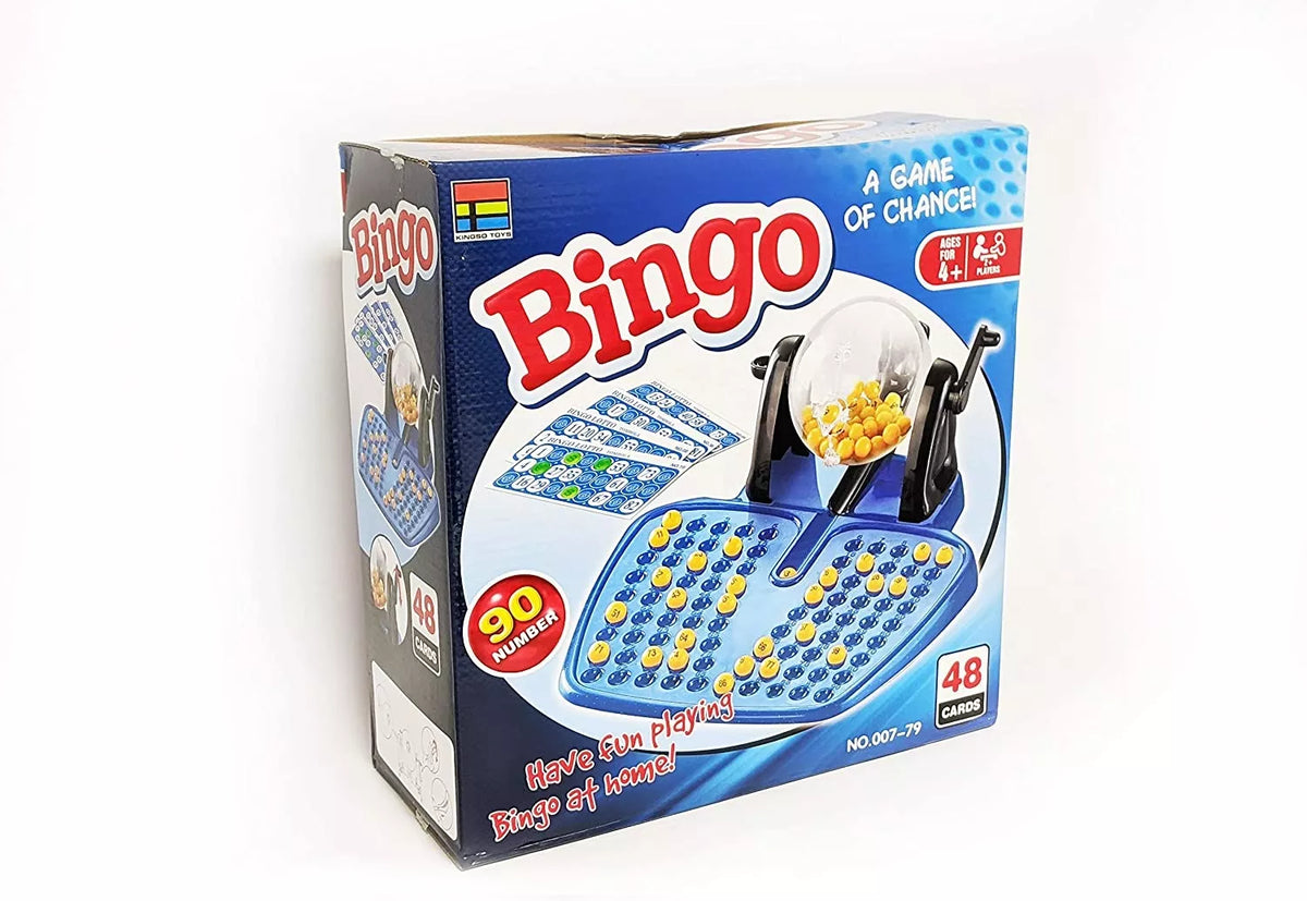 Klasikinis Bingo stalo žaidimas su kamuoliukų būgnu, spalvinga žaidimo lenta ir numerių kortelės, skirtas šeimos pramogoms.