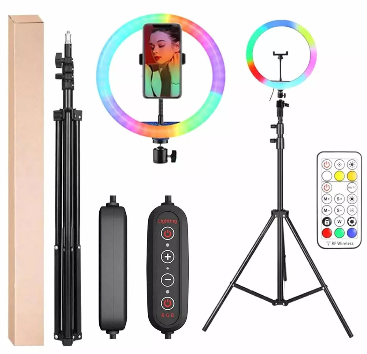 RGB LED žiedinė lempa su 210 cm trikoju, šviesus apšvietimas ir reguliuojamos spalvos, ideali fotografijoms ir vaizdo įrašams.