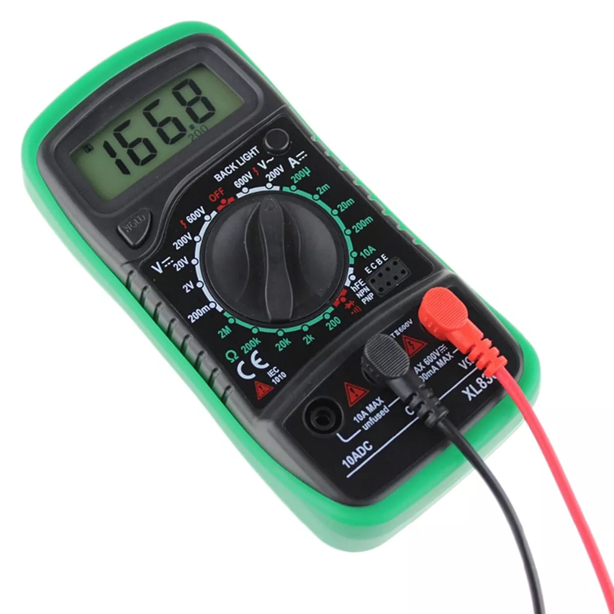 Skaitmeninis multimetras XL830L su matavimo laidais, matuoja įtampą, srovę ir varžą, rankinis elektronikos testavimo įrankis.
