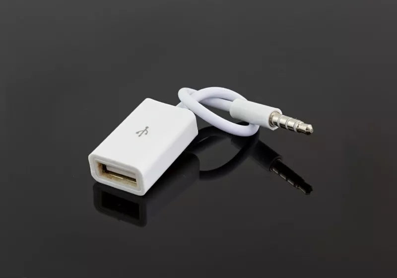 USB į 3,5 mm AUX adapteris, skirtas prijungti ausines ar garsiakalbius prie USB prievado, matomas adapterio vaizdas.