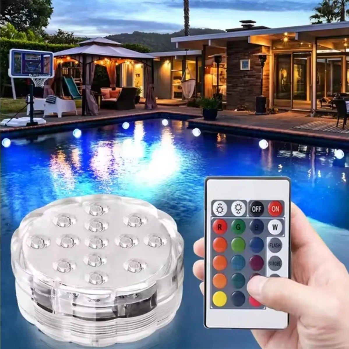Vandeniui atspari RGB LED lempa baseinui su nuotolinio valdymo pultu, spalvų keitimas ir apšvietimas po vandeniu.
