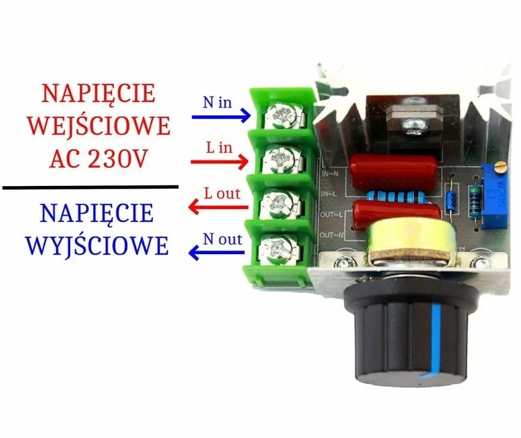 Vienfazio variklio greičio ir galios reguliatorius 230V, 2000W, matomas reguliatoriaus valdymo rankenėlės ir elektroninė dalis