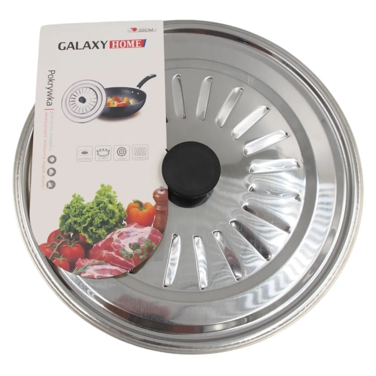 Nerūdijančio plieno universalus dangtis 22 cm, tinka įvairiems indams, su patogiu rankenėle, Galaxy Home.