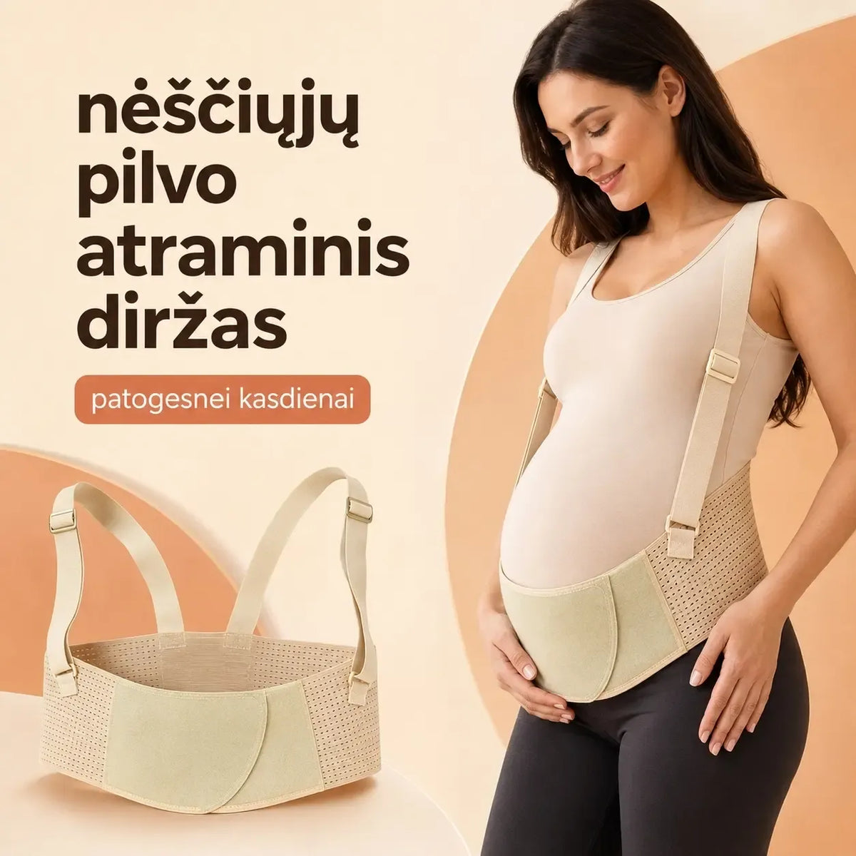 Nėščiųjų pilvo atraminis diržas su petnešomis, minkštas ir patogus, skirtas pilvo parėmimui nėštumo metu.