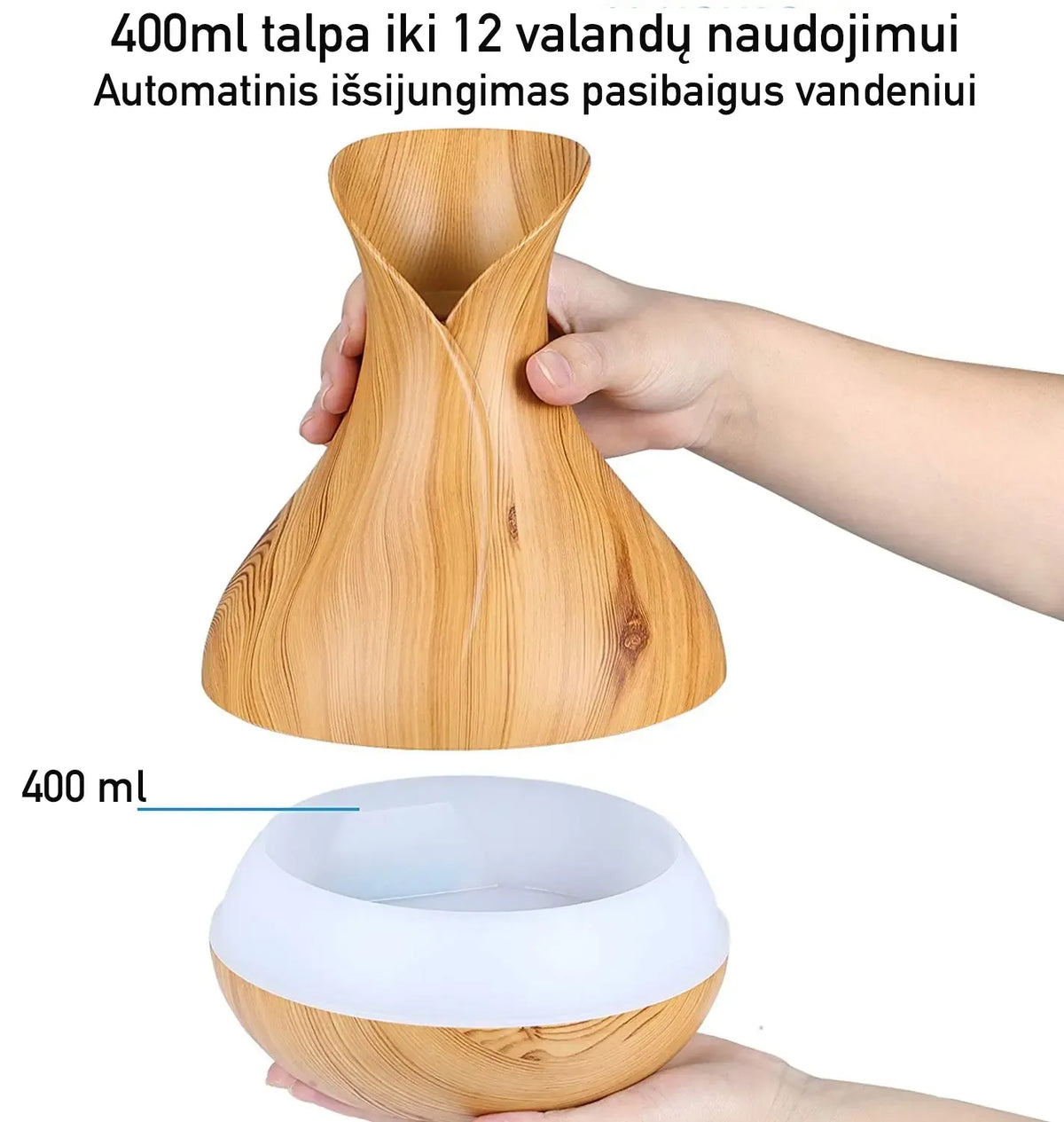 Geltonas ultragarsinis oro drėkintuvas ir eterinių aliejų difuzorius su LED apšvietimu, skirtas namų drėkinimui ir aromaterapijai.