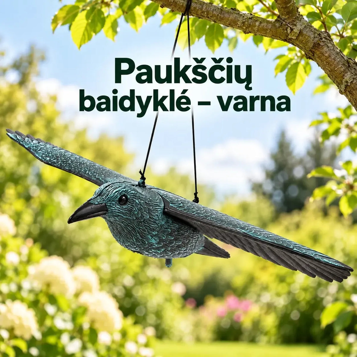 Pakabinama paukščių baidyklė – varna, 80 cm, realistiškas paukščio modelis, naudinga apsaugant sodą nuo laukinių paukščių.